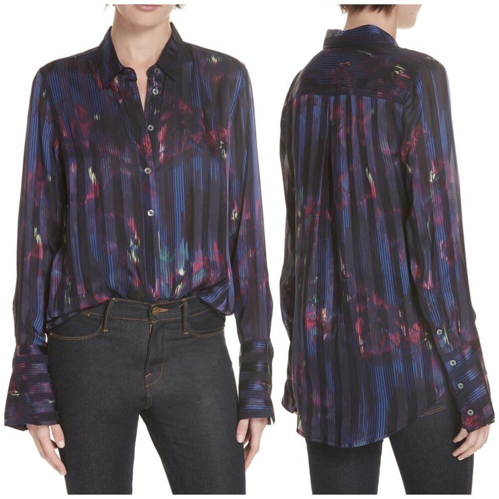 Equipment Sheer Silk Blend Button Front Blouse Abstract Stripe Size Small Blue - Picture 2 of 15